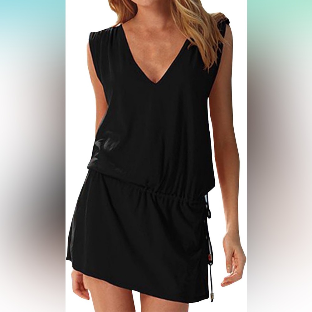 LAPAYA Women's Swim Beach Dress Deep V Neck Open-Back Beach Cover Up Beach Skirt